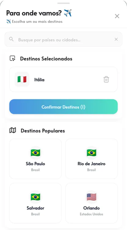 Agent Trip — Tela de seleção de destinos