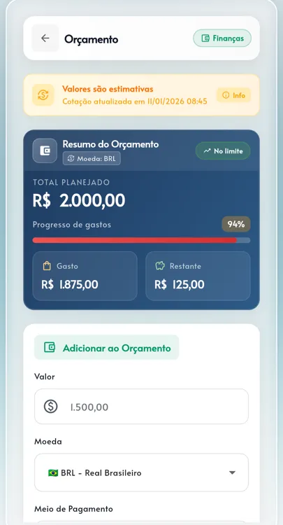 Agent Trip — Tela de controle de orçamento