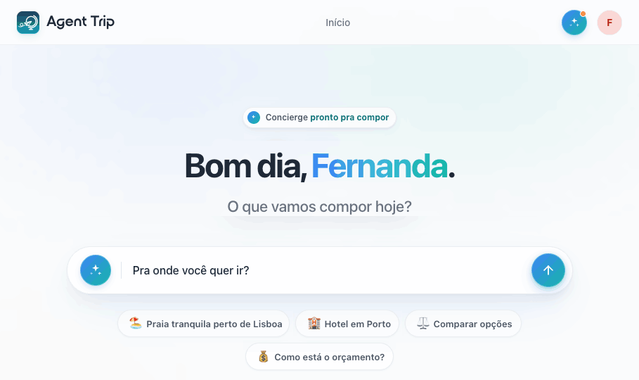 Início do Concierge: 'Bom dia, Fernanda. O que vamos compor hoje?' com a caixa de conversa 'Pra onde você quer ir?'