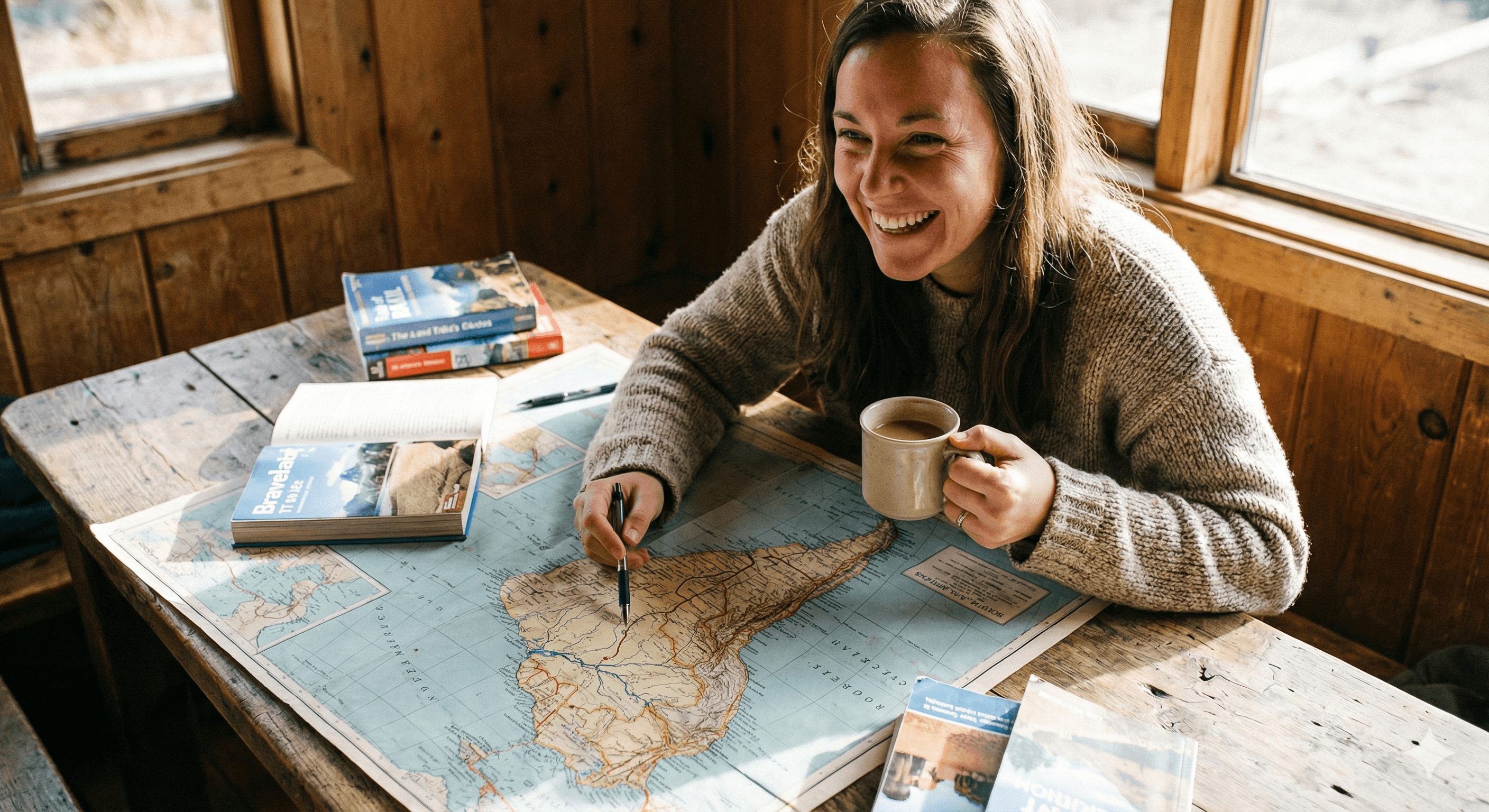 Mulher sorrindo enquanto planeja sua viagem com mapa e café