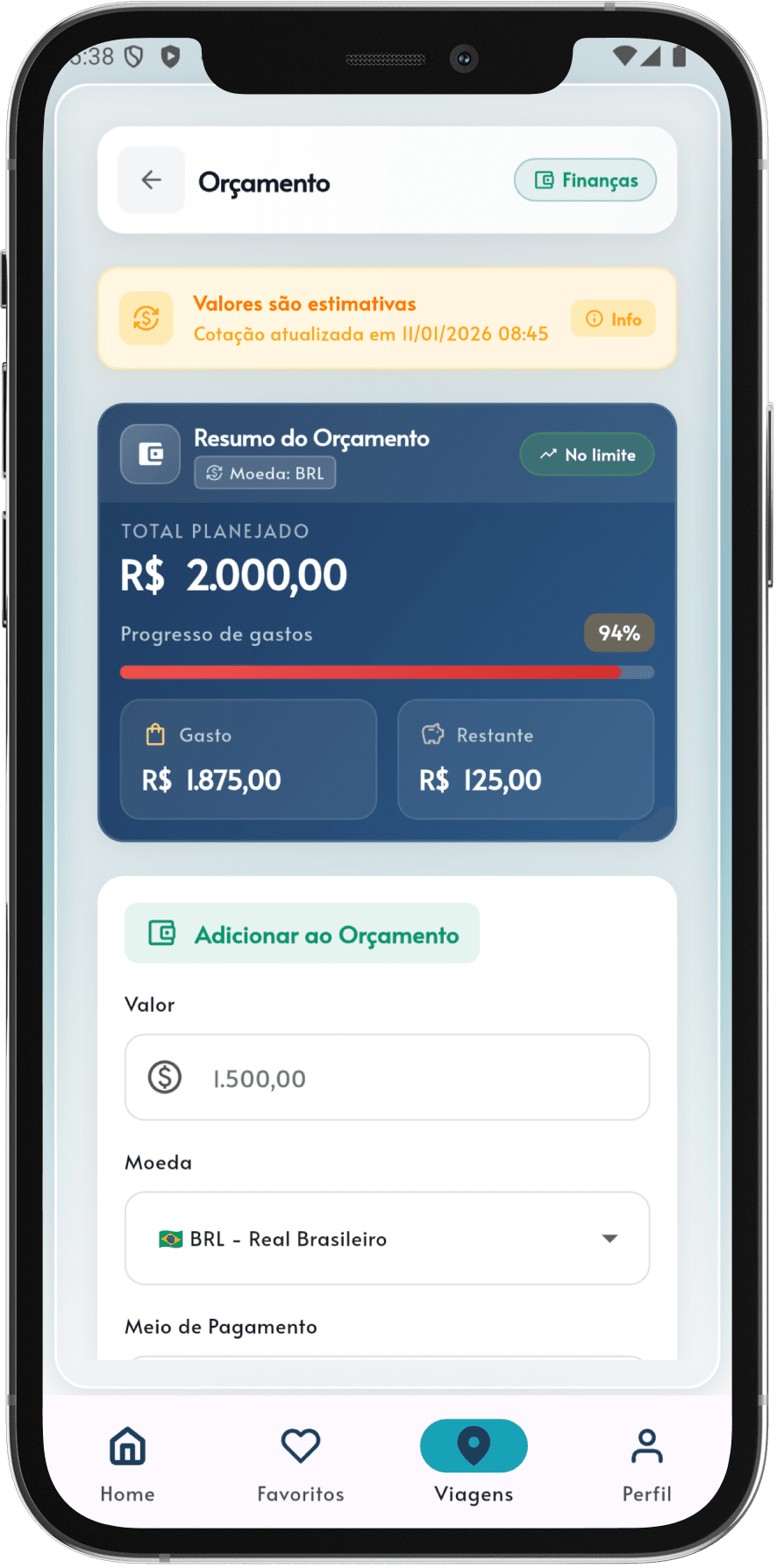 Tela de controle financeiro do Agent Trip com orçamento por categorias e conversão multi-moeda