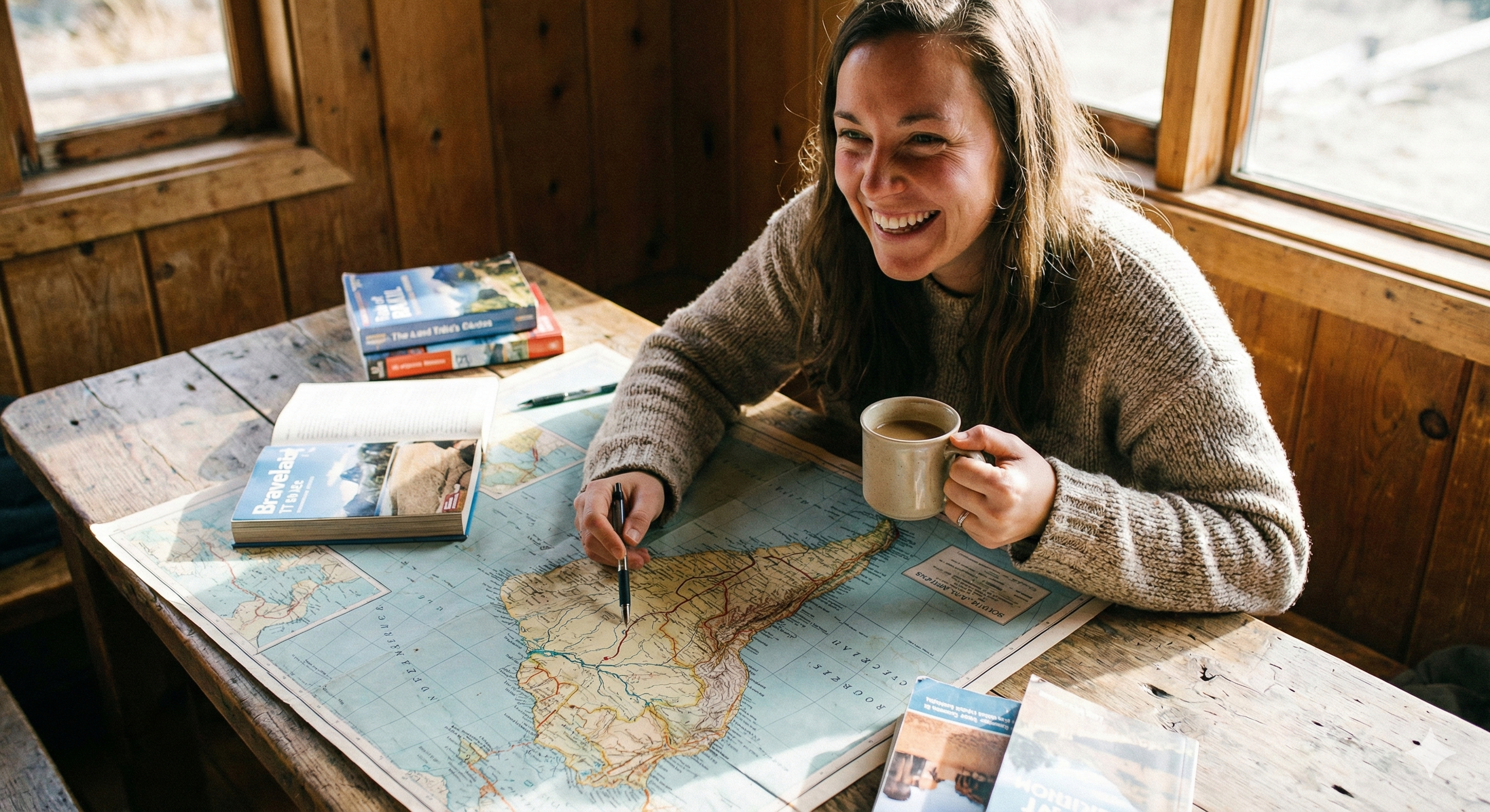 Mulher sorrindo enquanto planeja sua viagem com mapa e café